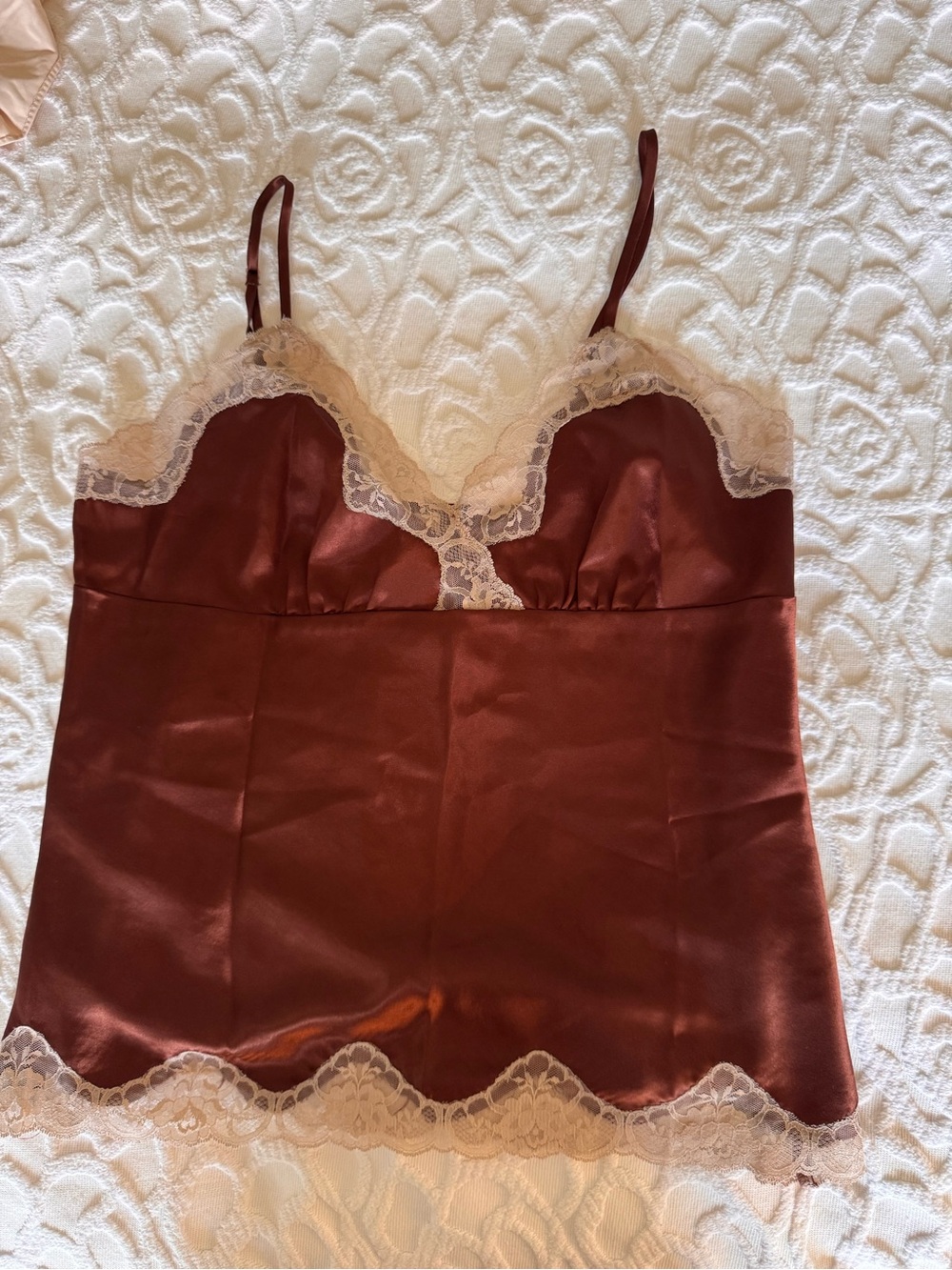 Y2K French Dressing Satin Lace Camisole L Brown Ivory Lingerie Top